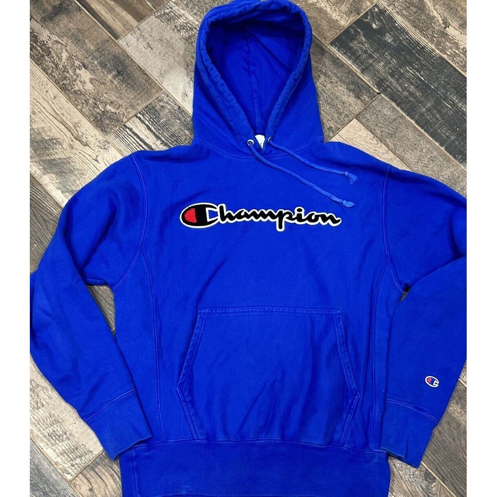 Champion Reverse Weave Pullover Sweatshirt GF68 Puff Letter Spellout Blue Size M